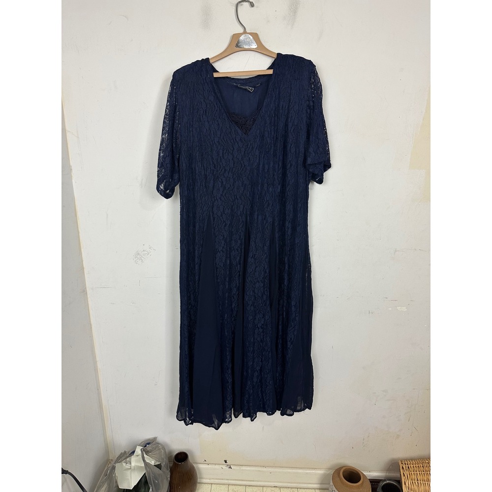 Nostalgia II Navy Blue Lace Midi Dress V-Neck Short Sleeve Plus Size 2X